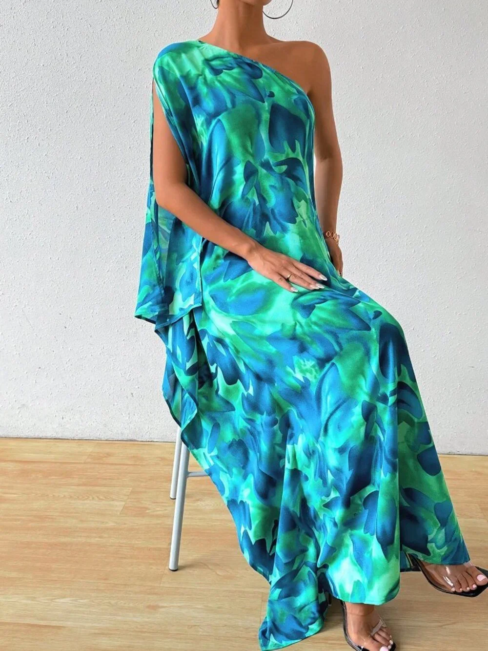 Multicolor Boho Women's Floral Print Asymmetrical Cape Sleeve Long Dress Maxi - Picture 5 of 6